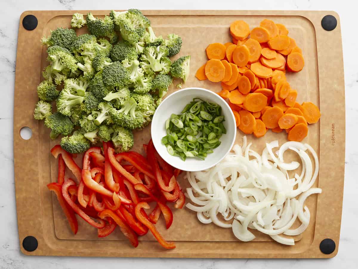 Chicken Stir Fry vegetables chopped on a cutting board.