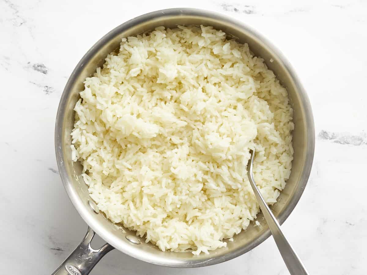 Cooked and fluffed rice in the pot.