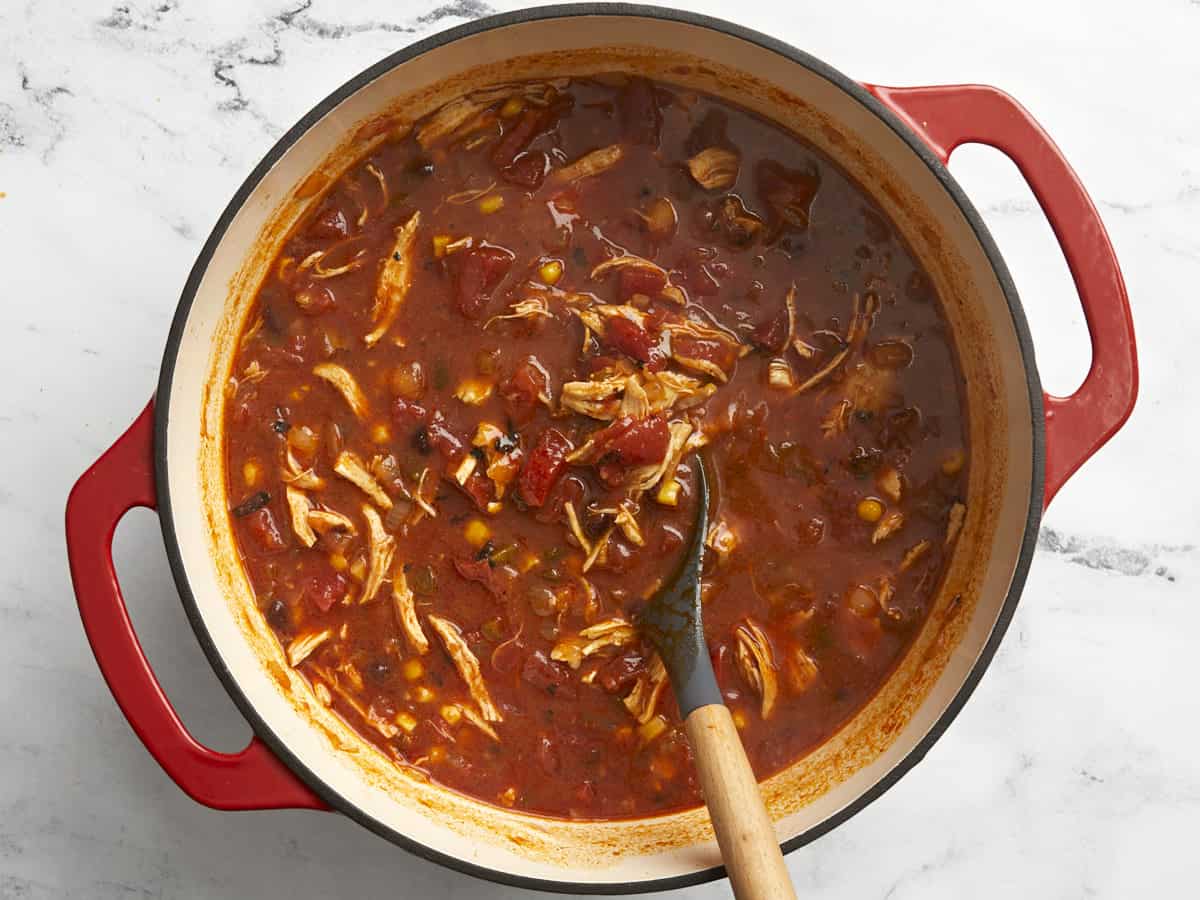 Overhead view of finished Chicken Enchilada Soup with a large silicone spoon inside the soup pot.