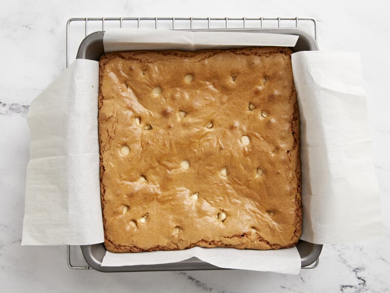 Cooked blondies in a baking dish.