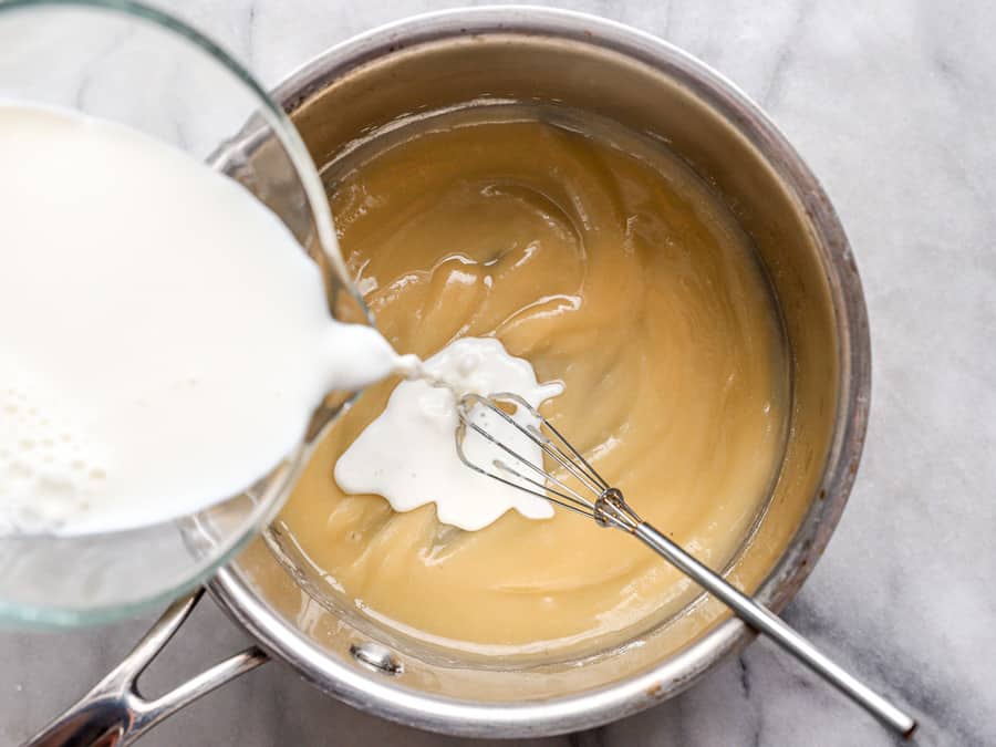 milk added to a thick roux in a saucepan with a whisk.