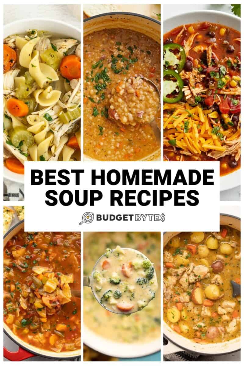 Collage of six soup recipes with title text in the center.