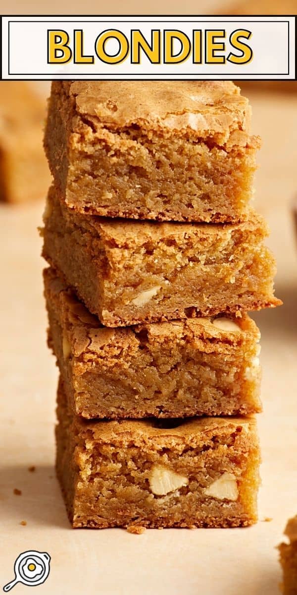 Side close up view of four blondie bars stacked on top of each other.