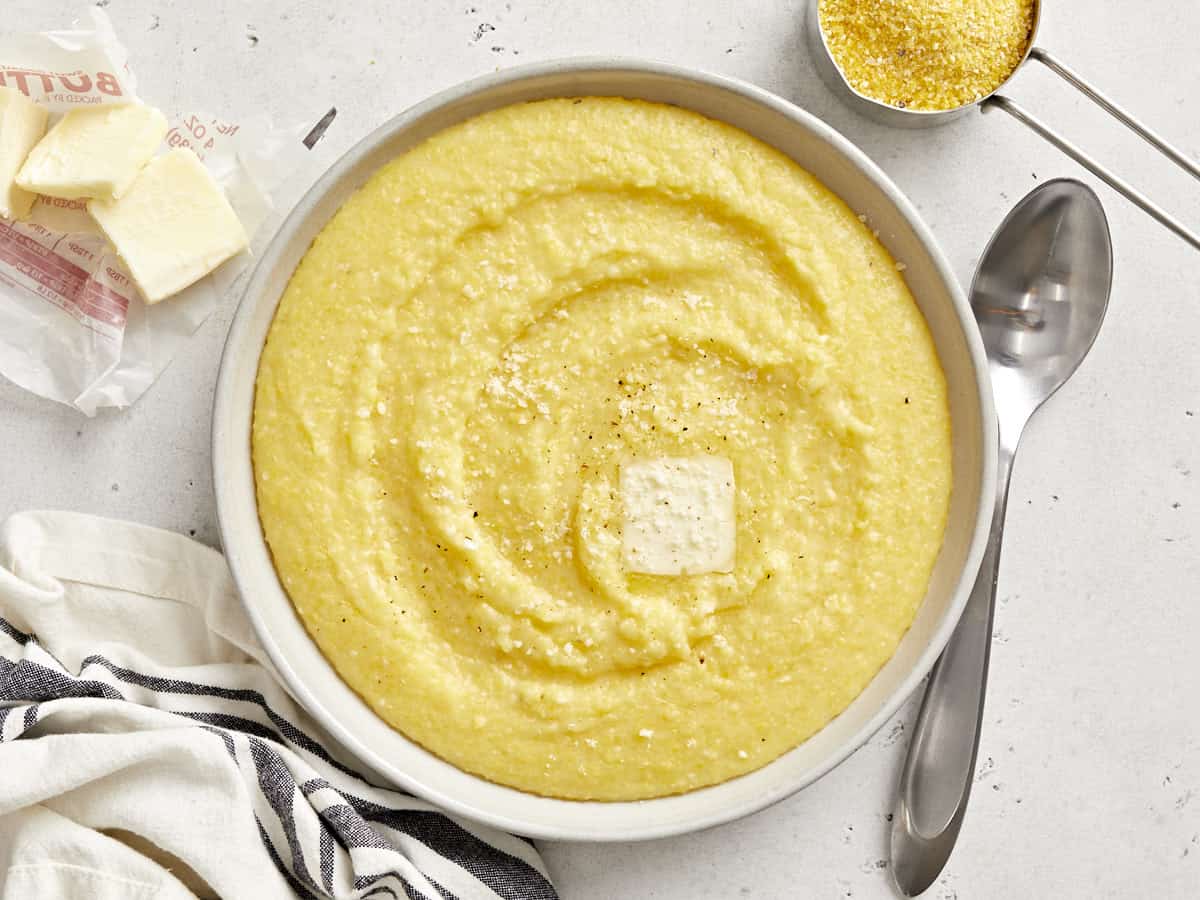Finished creamy polenta in a bowl ready to be served.