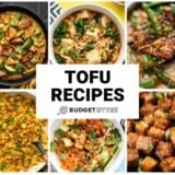 Collage of six tofu recipes with title text in the center.