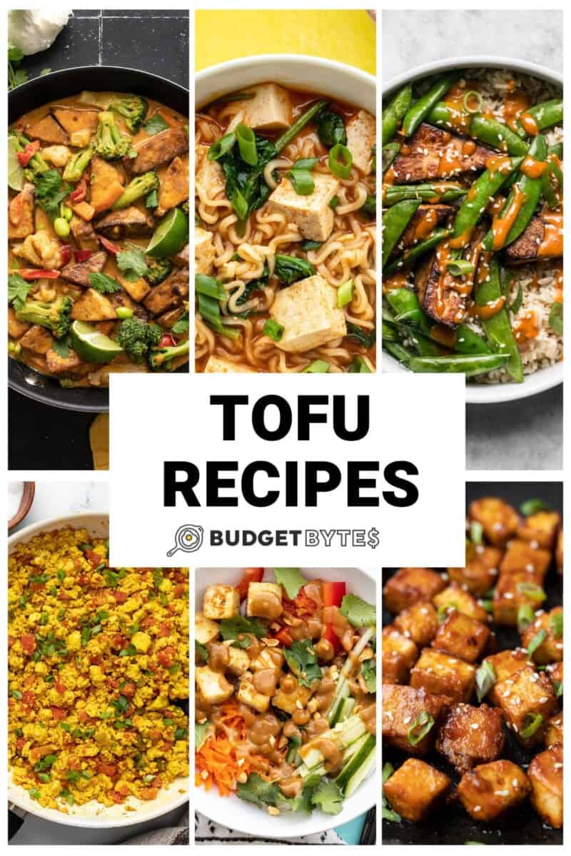 Collage of six tofu recipes with title text in the center.