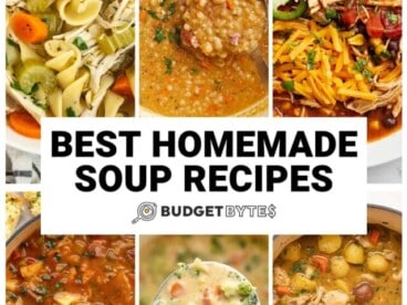 Collage of six soup recipes with title text in the center.