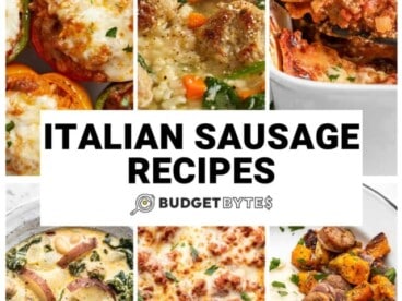 Collage of six Italian sausage recipes with title text in the center.