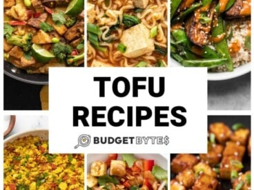 Collage of six tofu recipes with title text in the center.