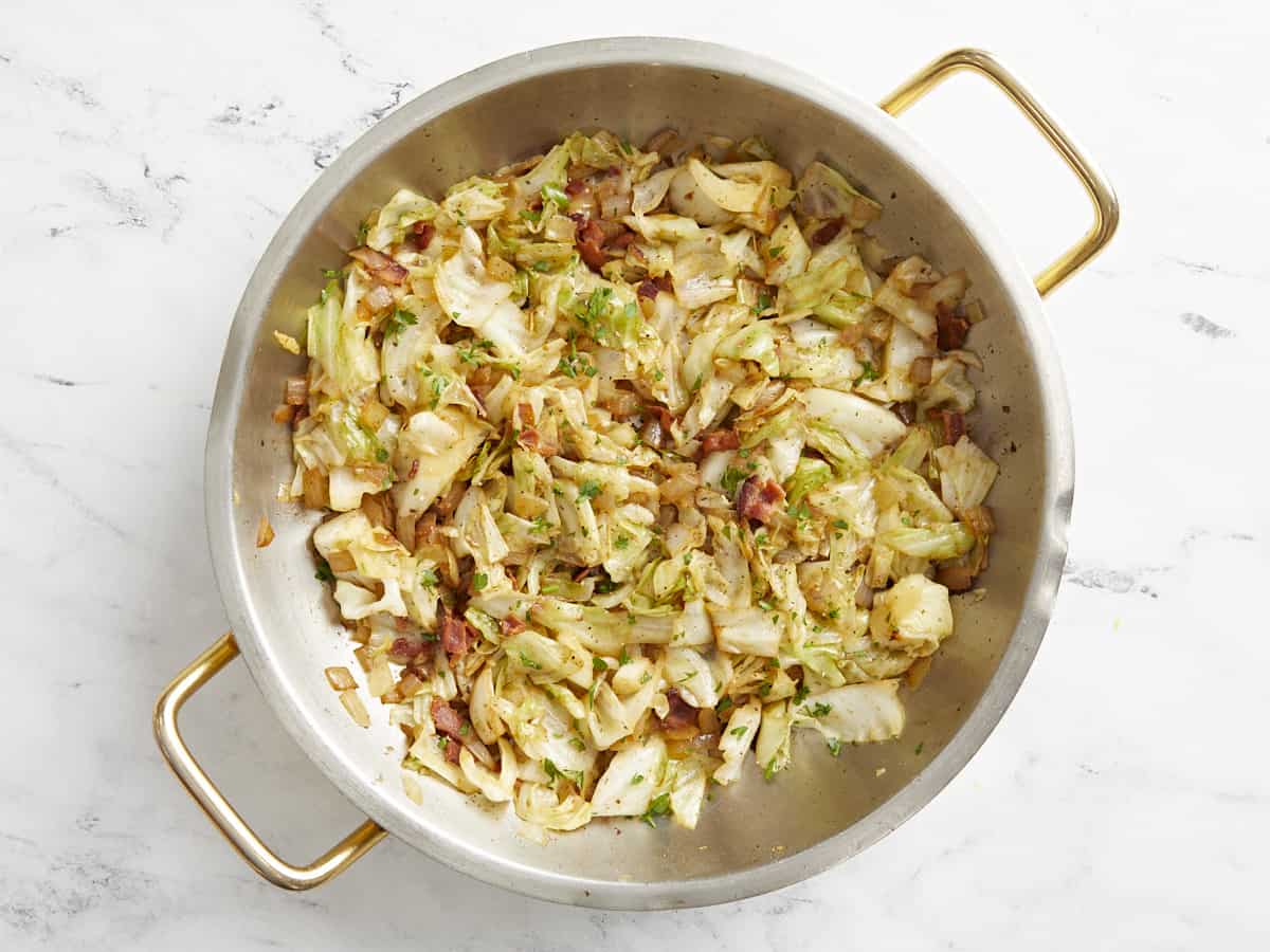 Finished fried cabbage in the skillet.