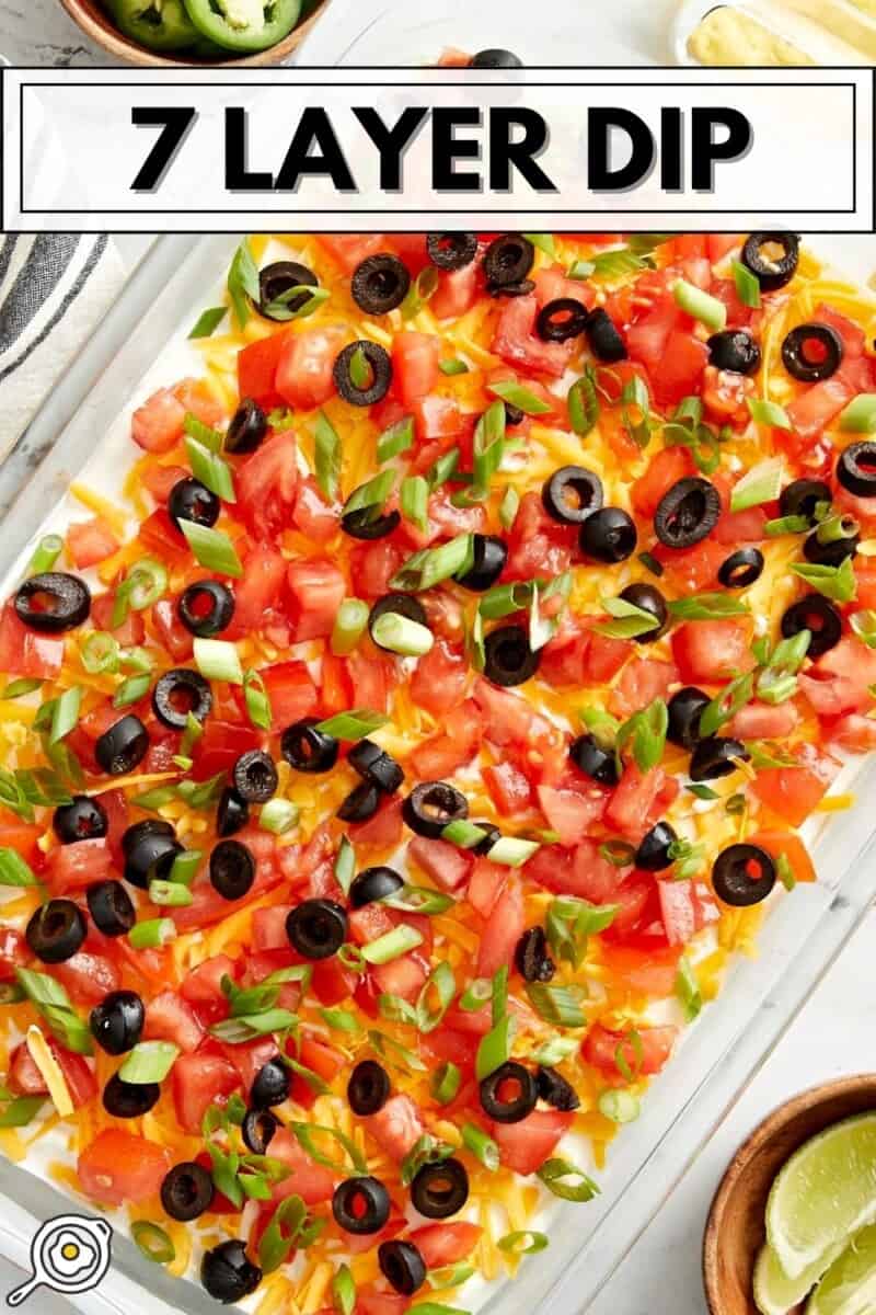 Overhead view of 7 layer dip in a glass casserole dish with title text at the top.