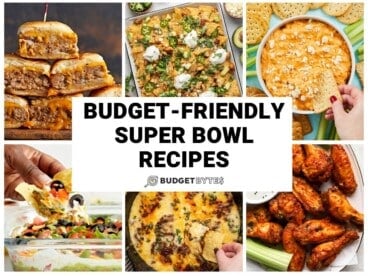 Collage of six budget-friendly Super Bowl Recipes.