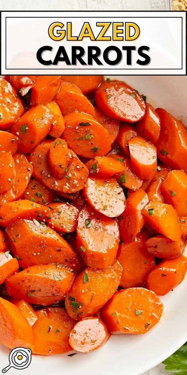 Overhead view of glazed carrots in a serving dish with title text at the top.