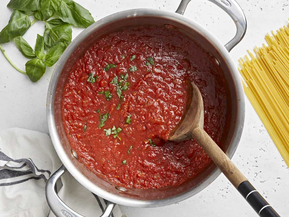 Overhead view of finished marinara sauce in the pot surrounded by pasta and herbs.