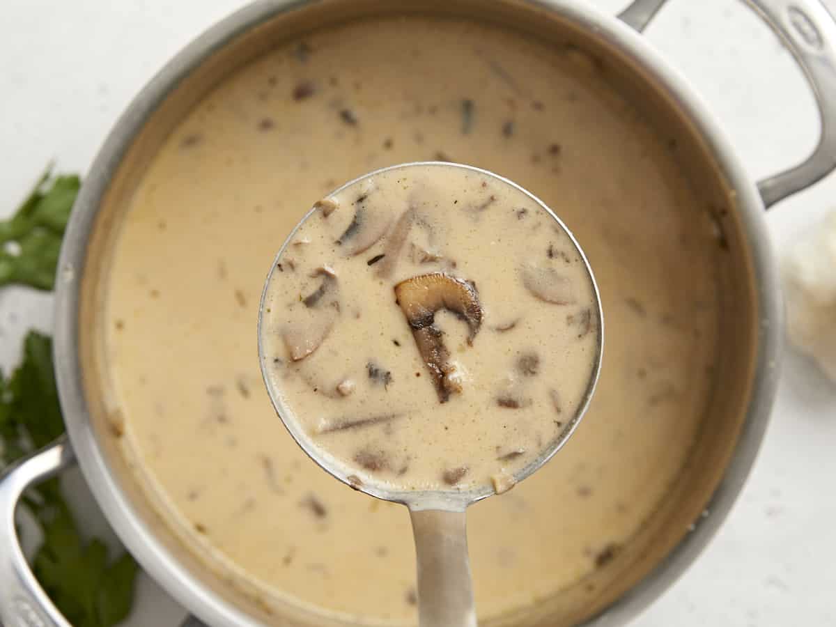 Overhead view of a ladle full of creamy mushroom soup held over the soup pot.
