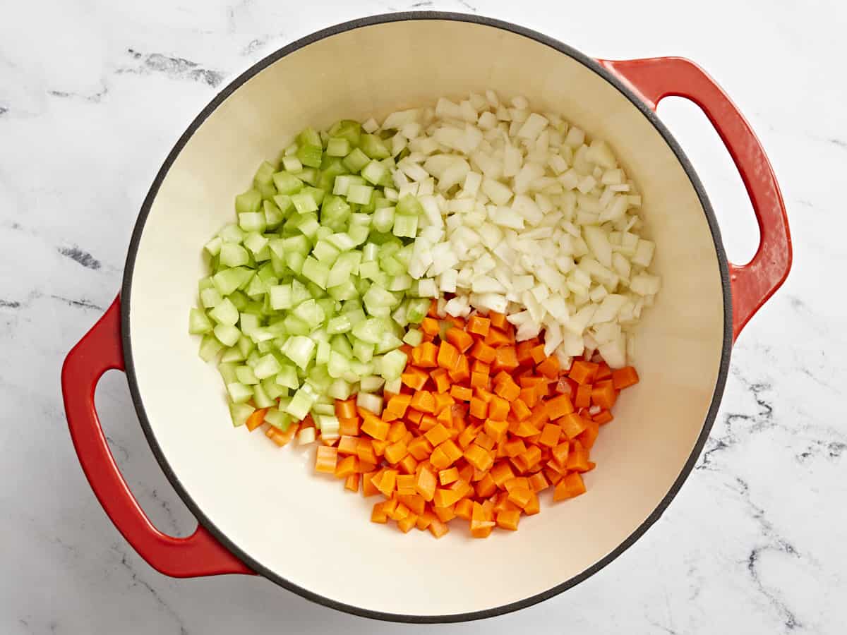 mirepoix in a red dutch oven.