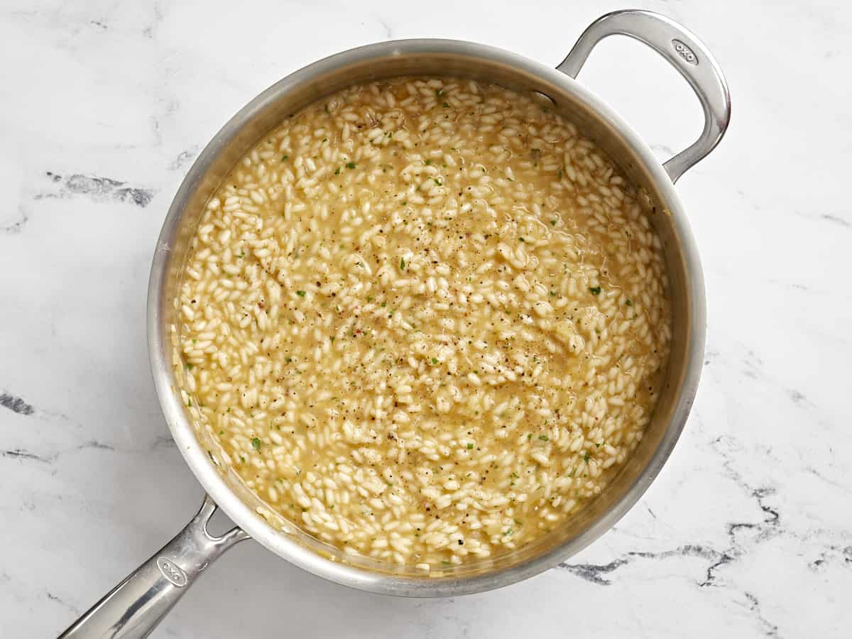 parmesan risotto in a pan.