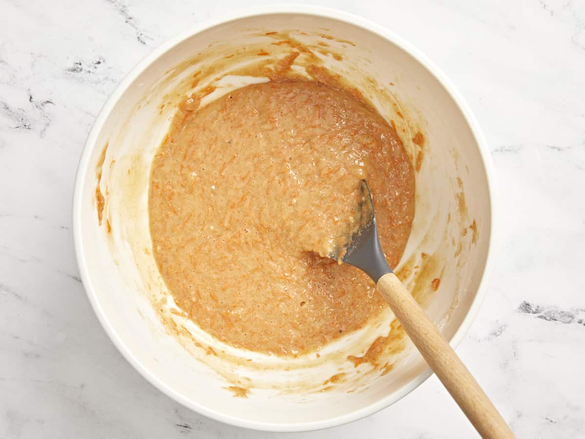 Mix wet and dry ingredients in a large bowl.