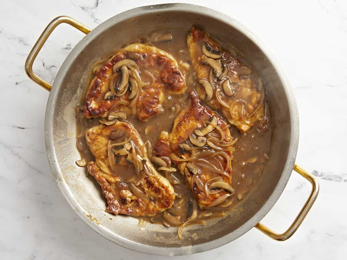 chicken marsala in a pan.