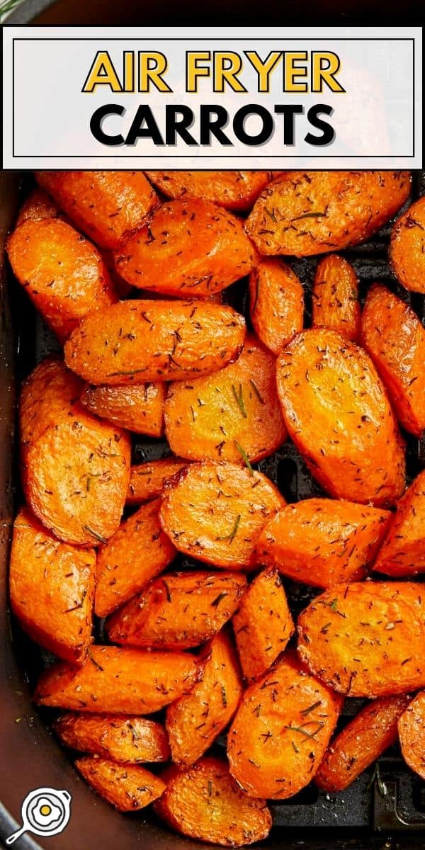 Overhead view of cooked Air Fryer carrots in a black air fryer basket.