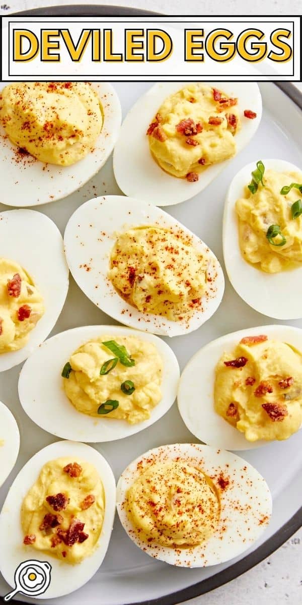 Overhead view of Deviled Eggs on a serving platter with title text at the top.