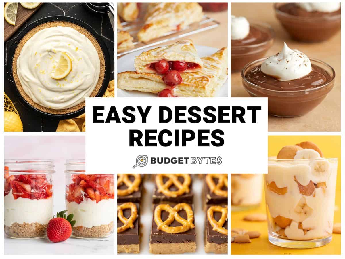 Collage of six easy dessert recipes with title text in the middle.