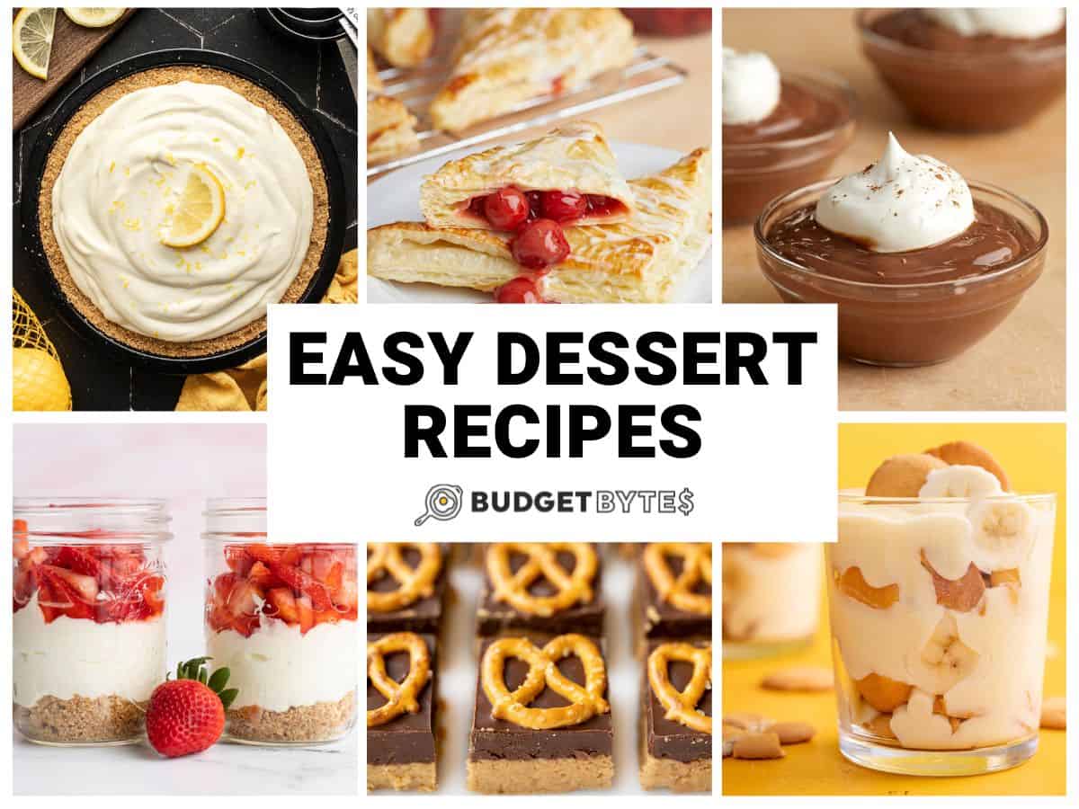 Collage of six easy dessert recipes with title text in the center.