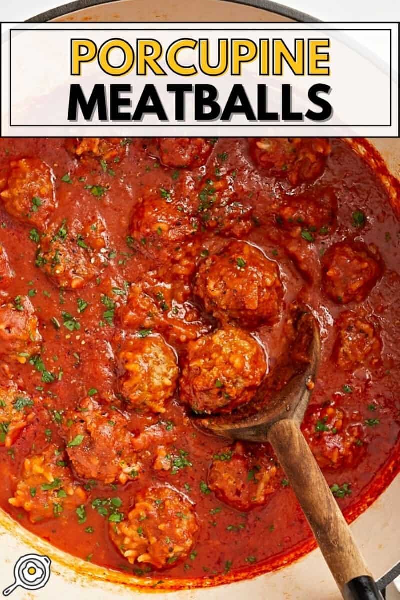 Overhead view of porcupine meatballs in a dutch oven covered in tomato sauce with title text at the top.
