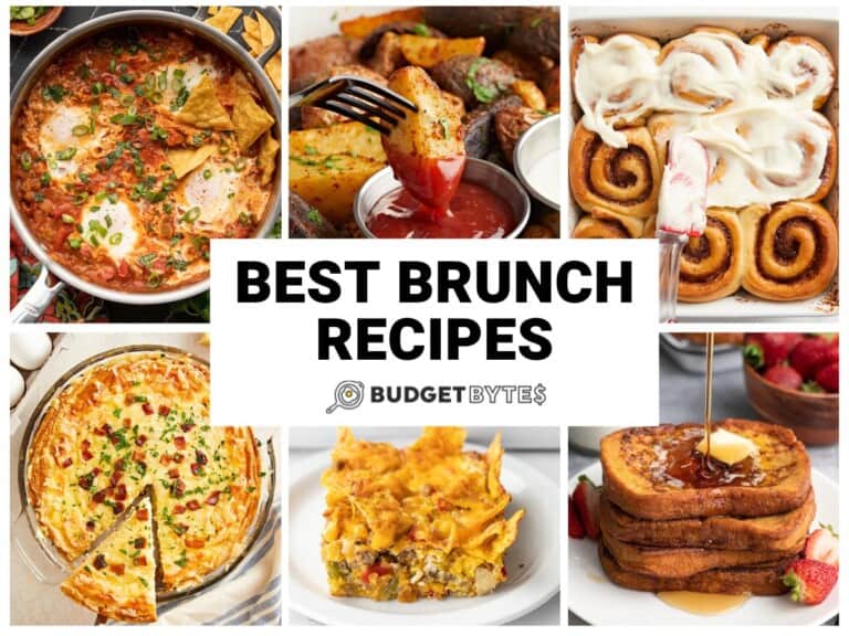 Collage of six brunch recipes with title text in the center.