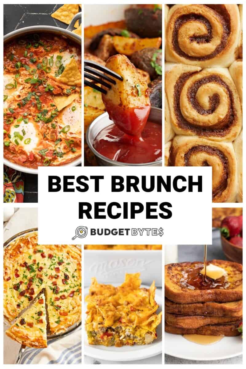 Collage of six brunch recipes with title text in the center.