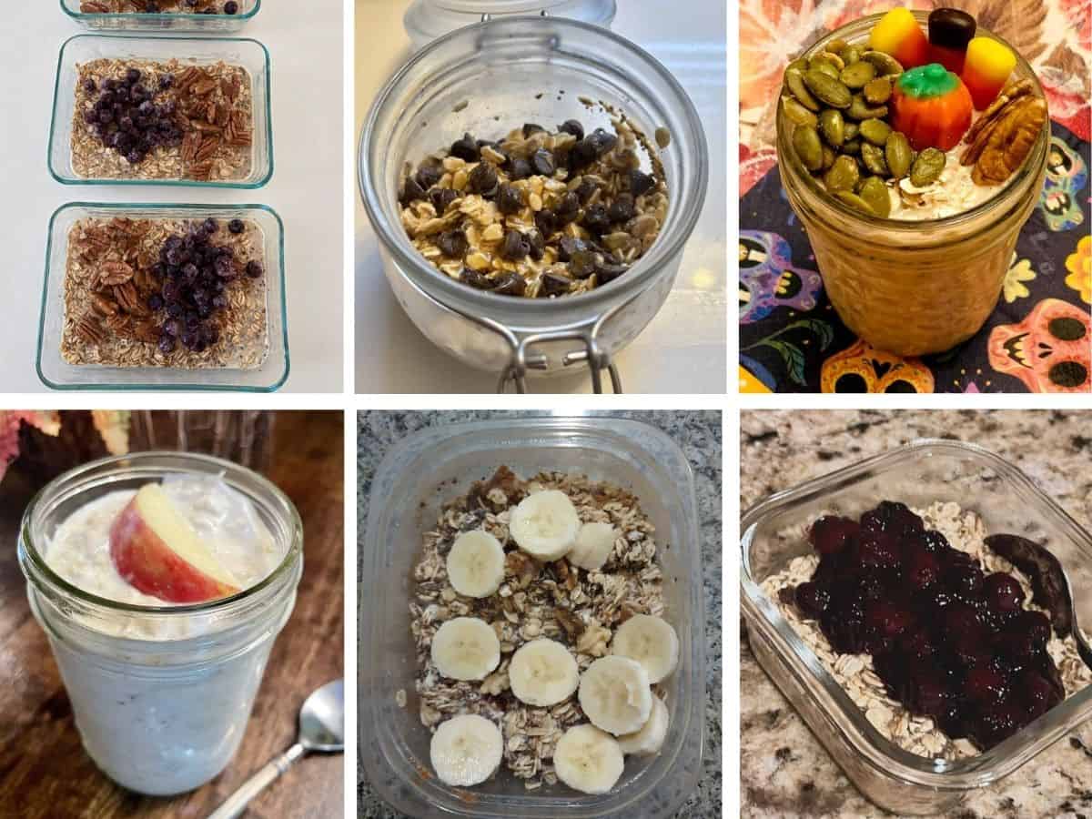 A collage of overnight oats in different containers with various toppings.