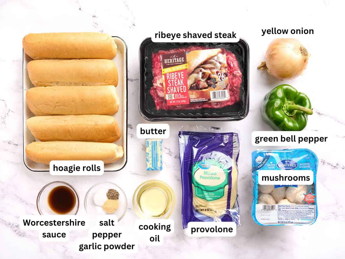 The ingredients to make philly cheesesteaks with labels.