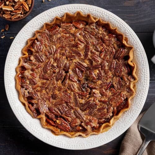 Overhead view of a homemade pecan pie.