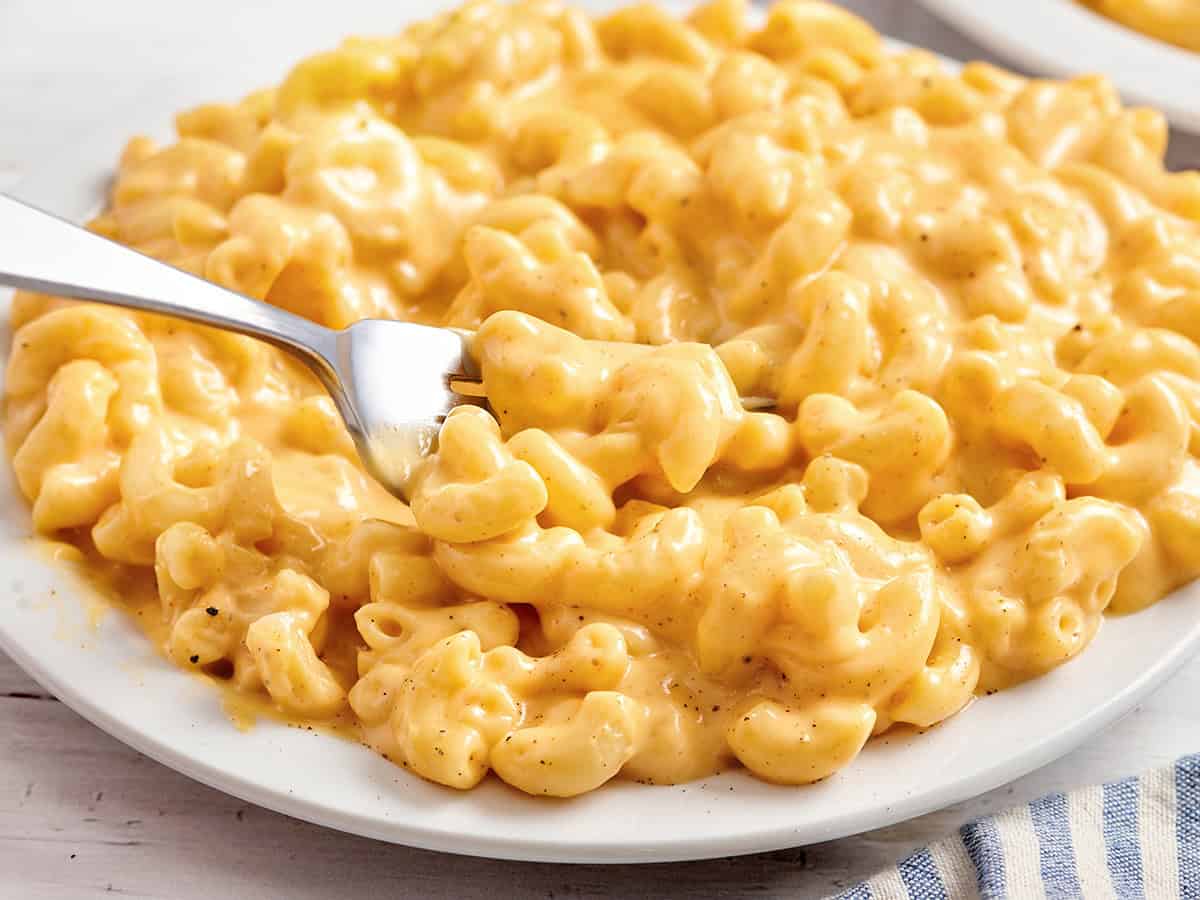 Side view of a plate of mac and cheese with a fork.