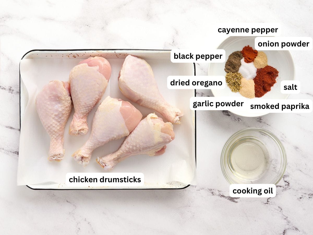 The ingredients to make baked chicken drumsticks.