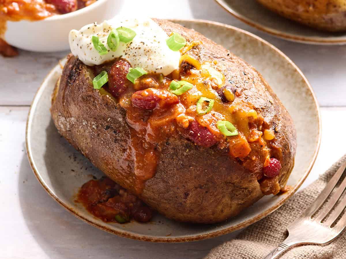 Homemade chili on a baked potato.
