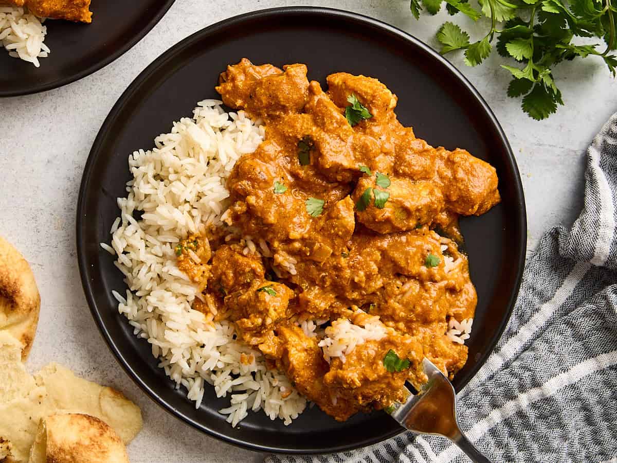 Overhead view off a plate of butter chicken and rice.