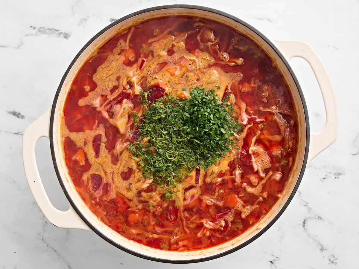 Fresh dill and fresh parsley added to borscht.