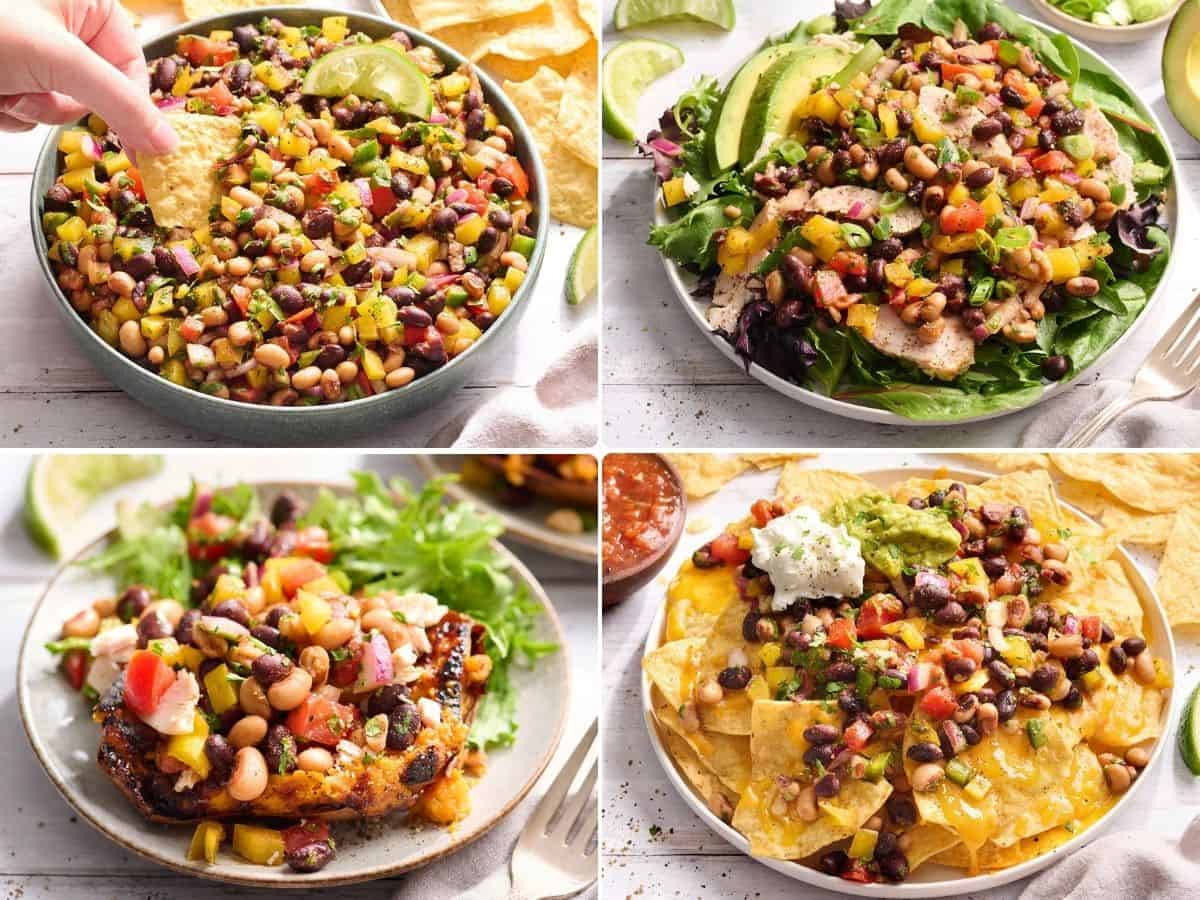 A collage of cowboy caviar serving suggestions.