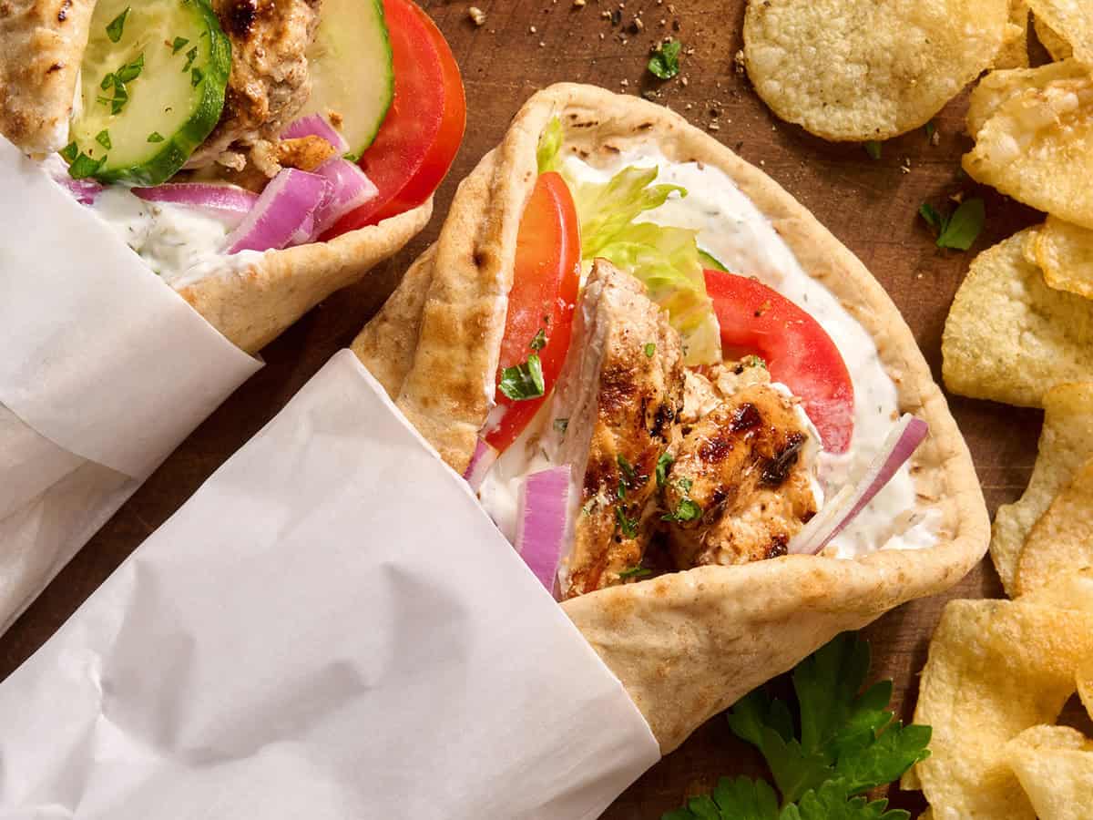 Overhead of chicken shawarma wrap.