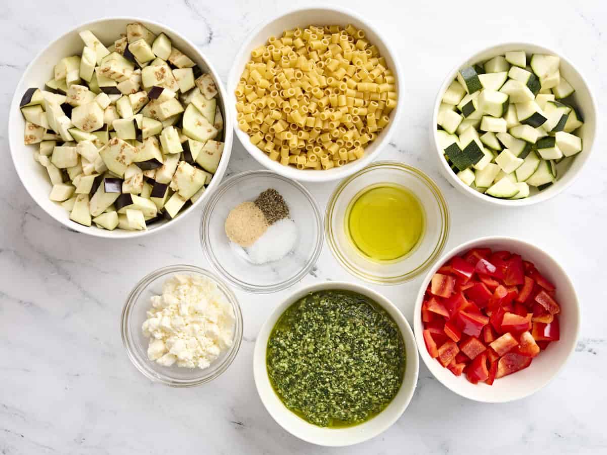 The ingredients to make ditalini pasta salad.