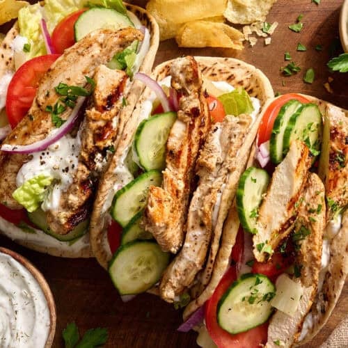 Overhead of chicken shawarma in a pita.