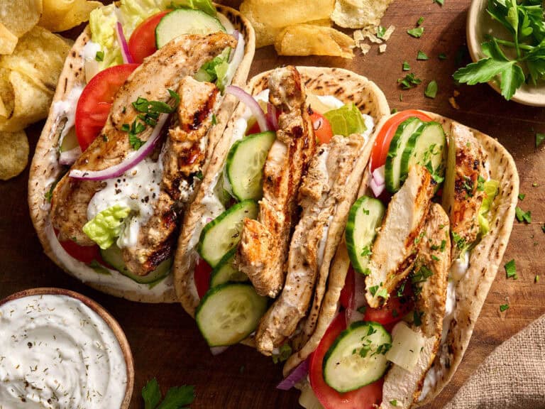 Overhead of chicken shawarma in a pita.