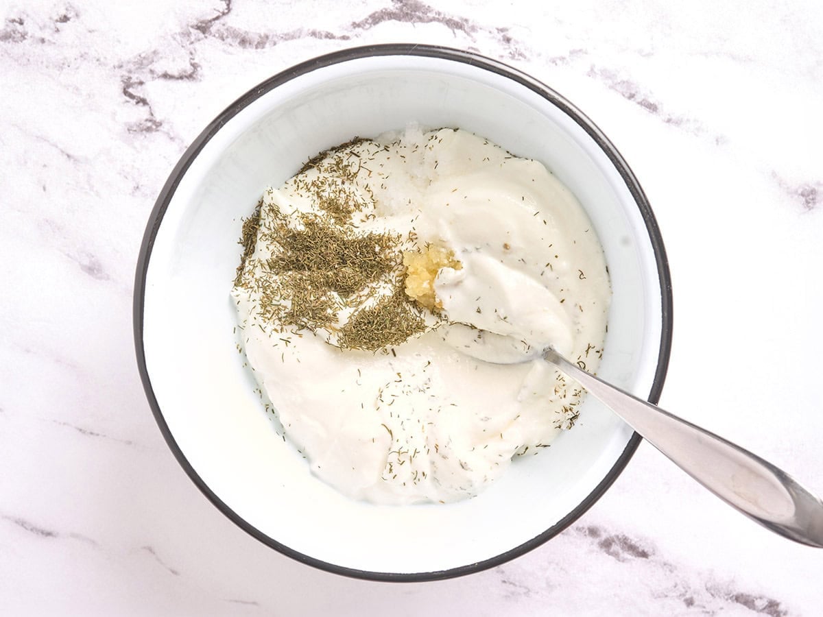 Chicken Shawarma yogurt sauce ingredients in a bowl.