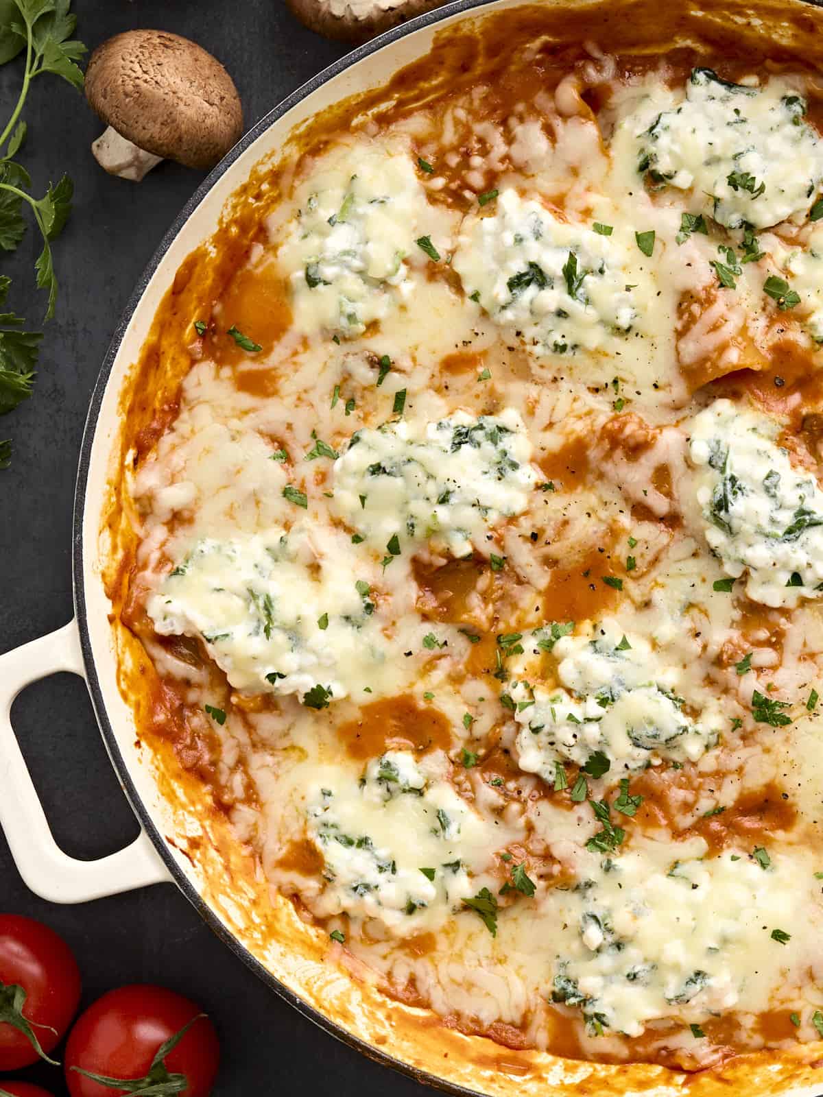 Overhead view of a vegetarian stovetop lasagna.