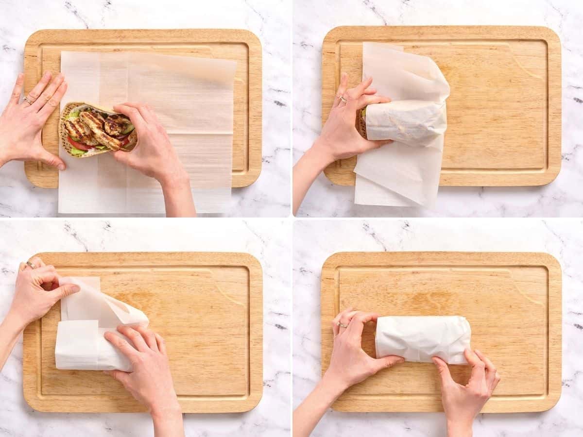 The process of wrapping a Chicken Shawarma wrap in paper.