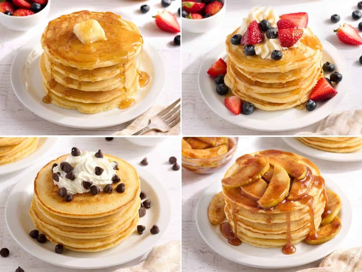 A collage of homemade pancakes showing different toppings.