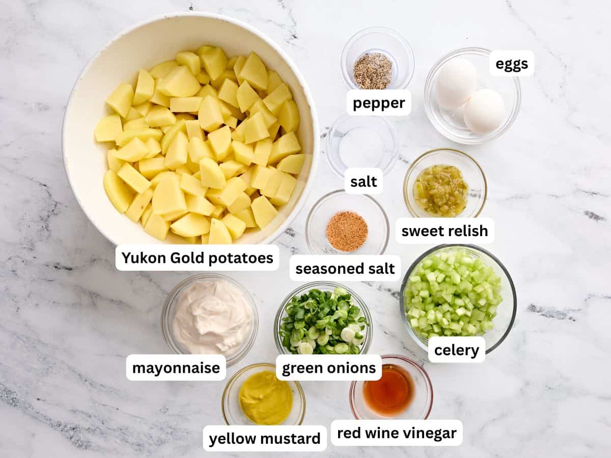 The ingredients for potato salad with labels.