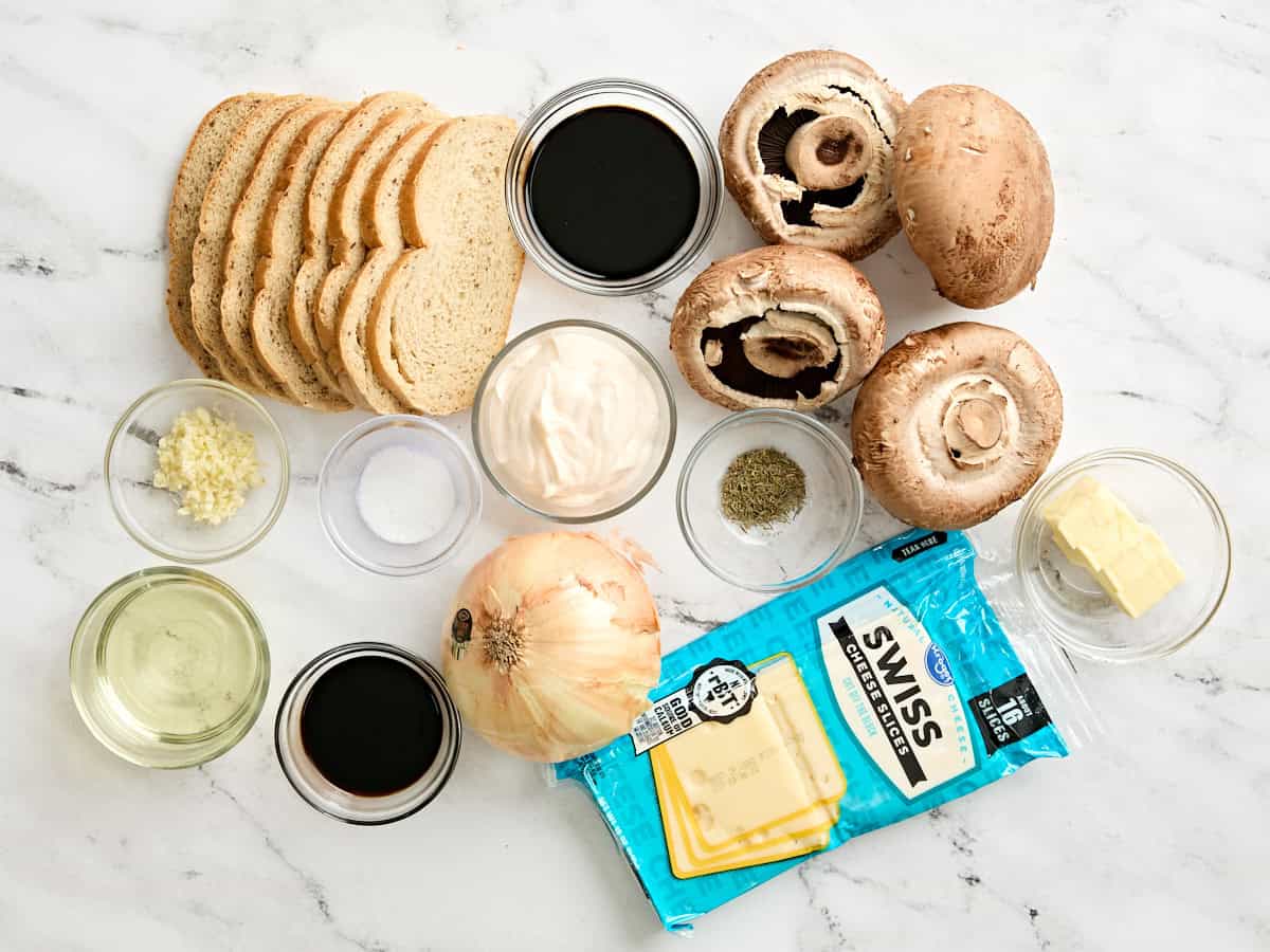 The ingredients to make a mushroom patty melt.