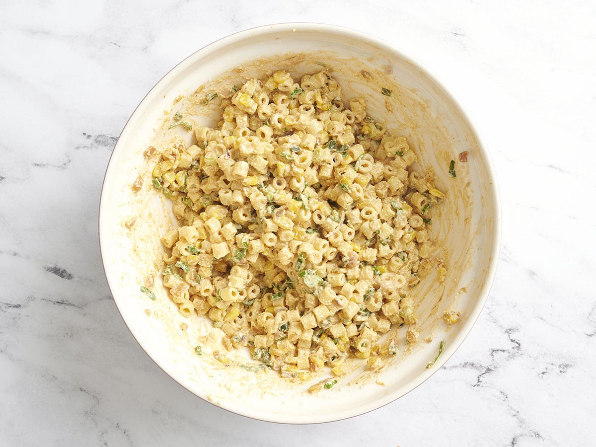 Elote pasta salad in a bowl.